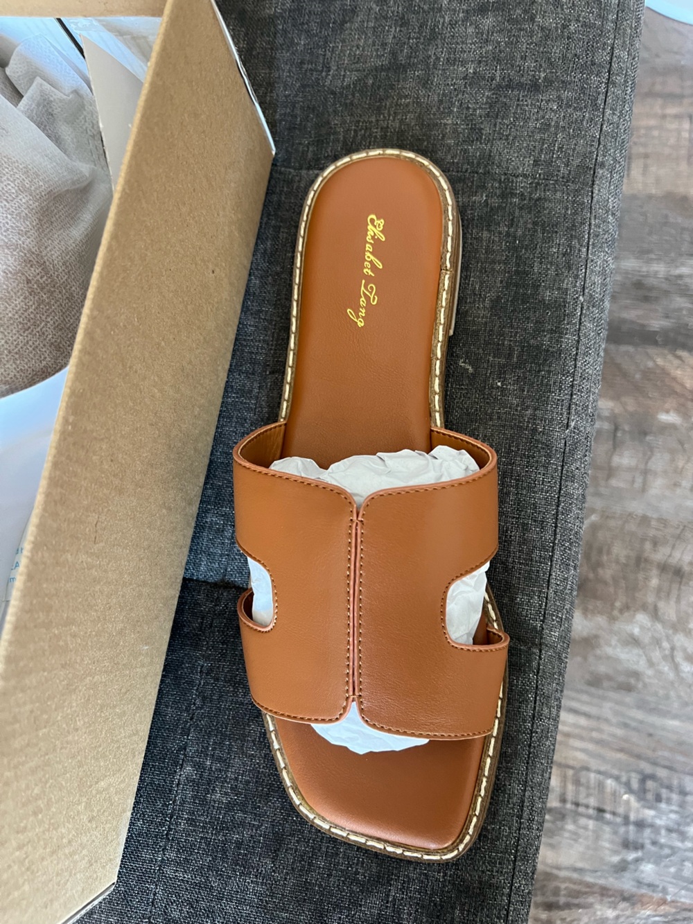 Leather Tan Slide Sandal with Cutout Strap